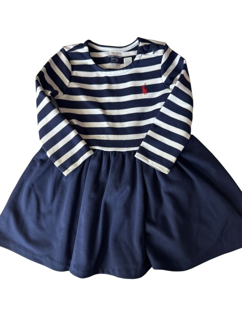 Ralph Lauren Baby Girls Navy Blue White Stripe Long Sleeve Dress 12 Months